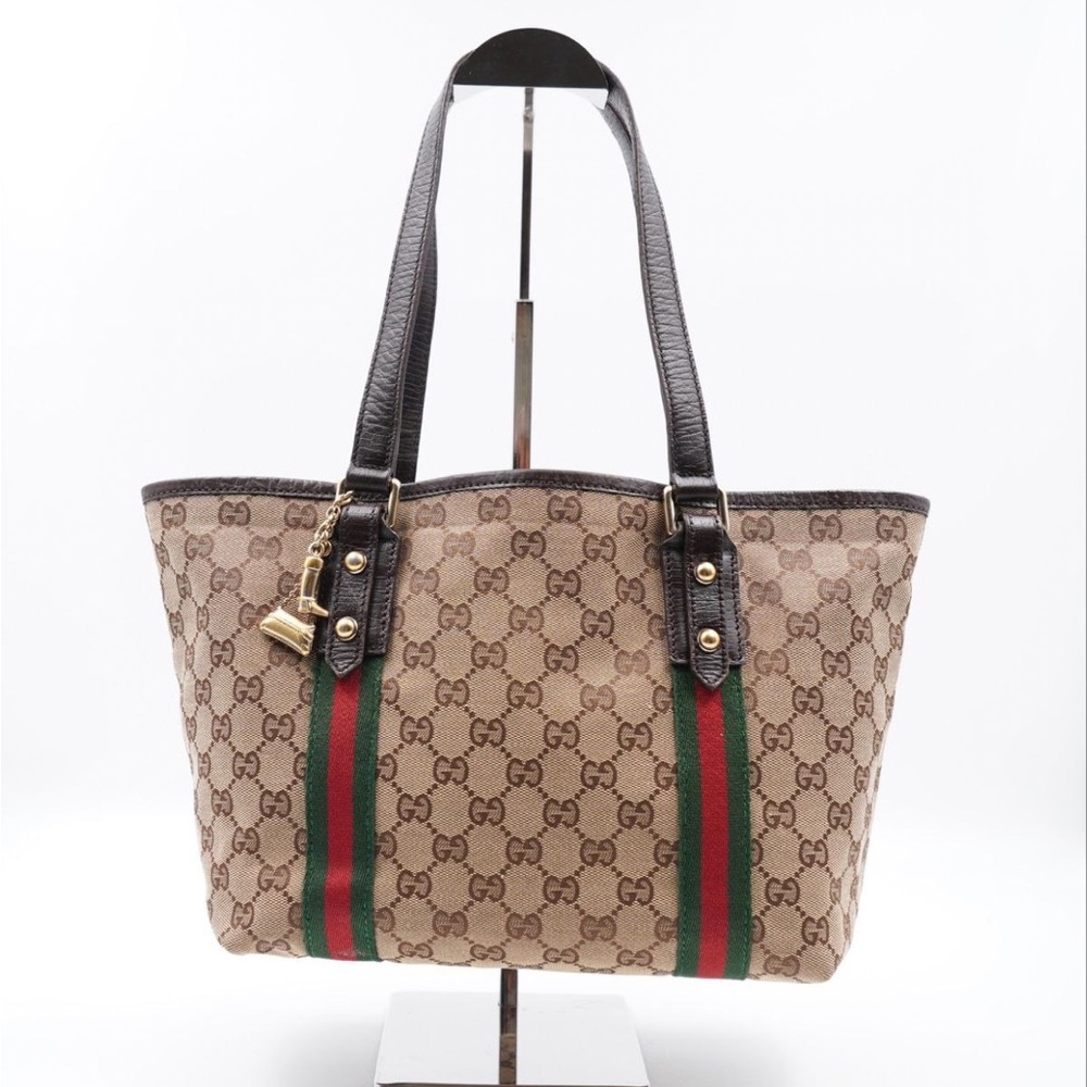 Gucci Beige GG Canvas Tote with Green and Red Web Stripe and Brown Trim